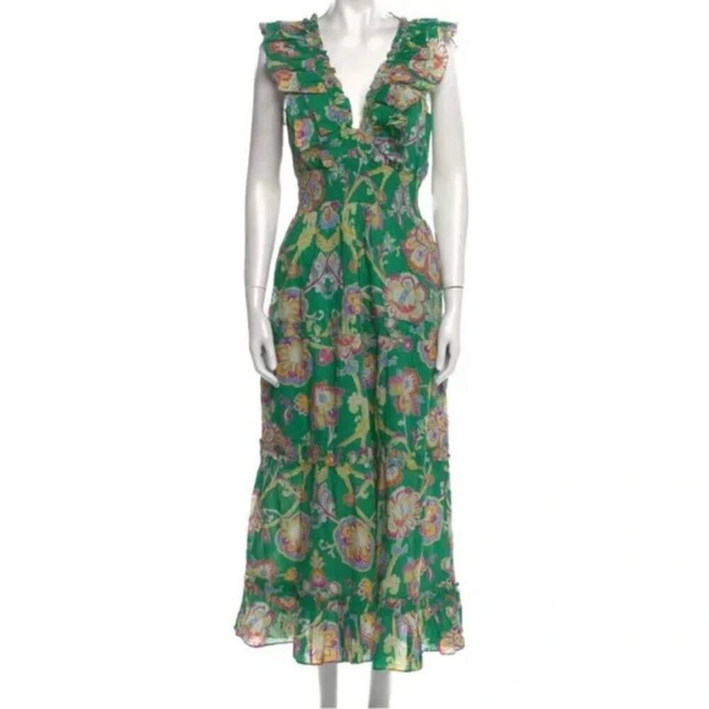 NWT Caroline Constas Deep V Smocked Floral Tiered Maxi Dress Size XS Green 2A460